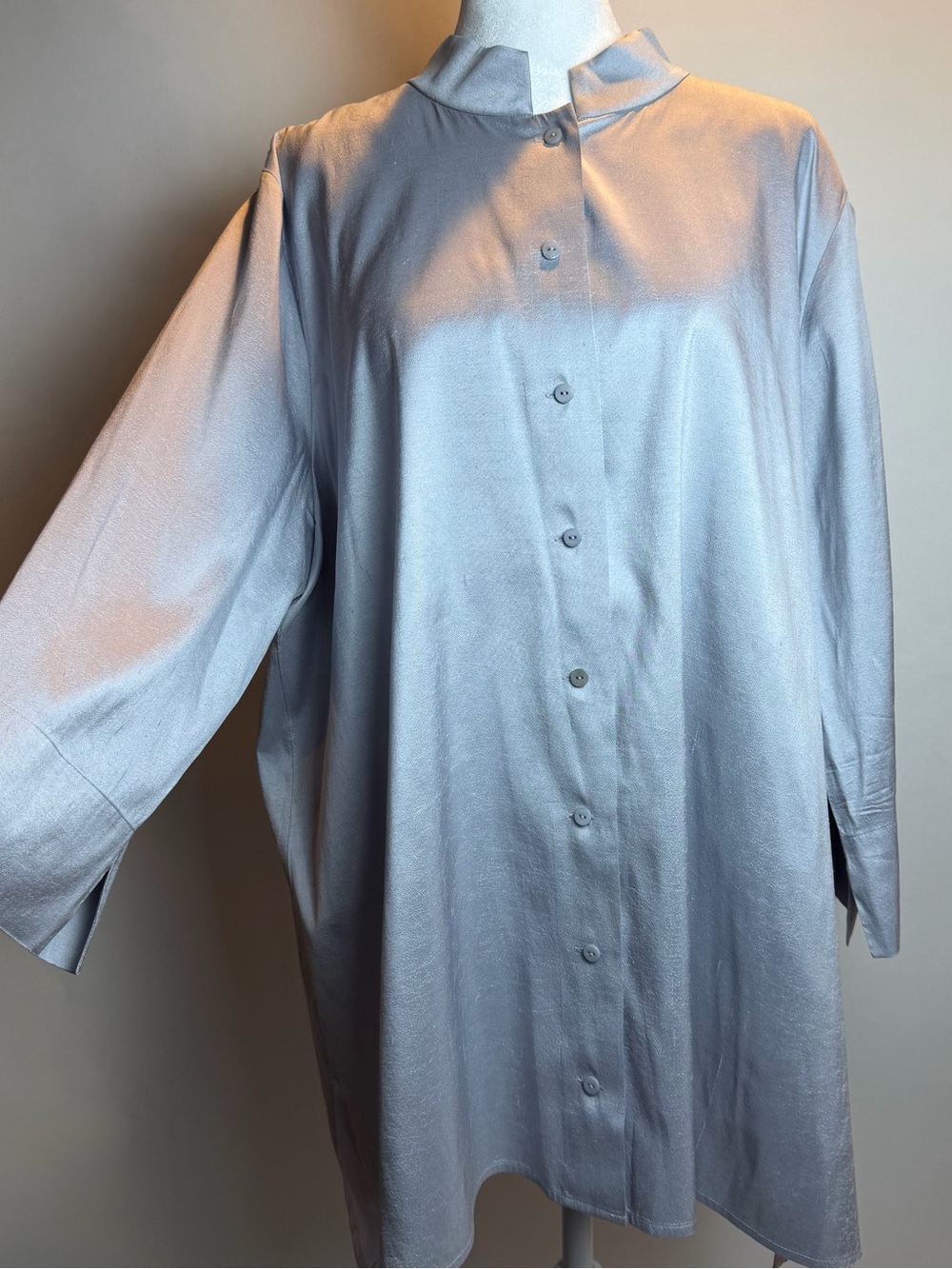 Eileen Fisher Silk Georgette Crepe Mandarin Collar Long Shirt- Light Gray